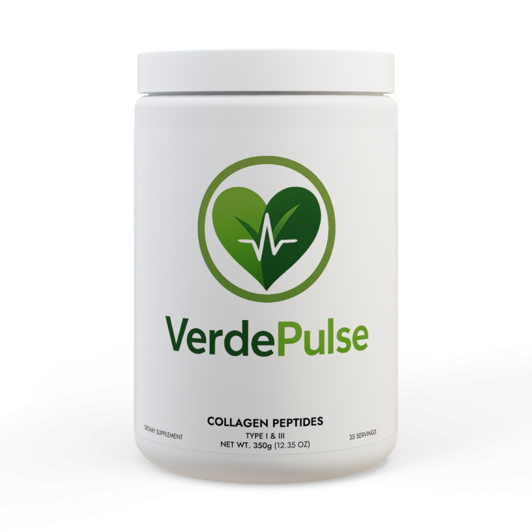 White container labeled "VerdePulse" for collagen peptides, featuring a green heart logo.