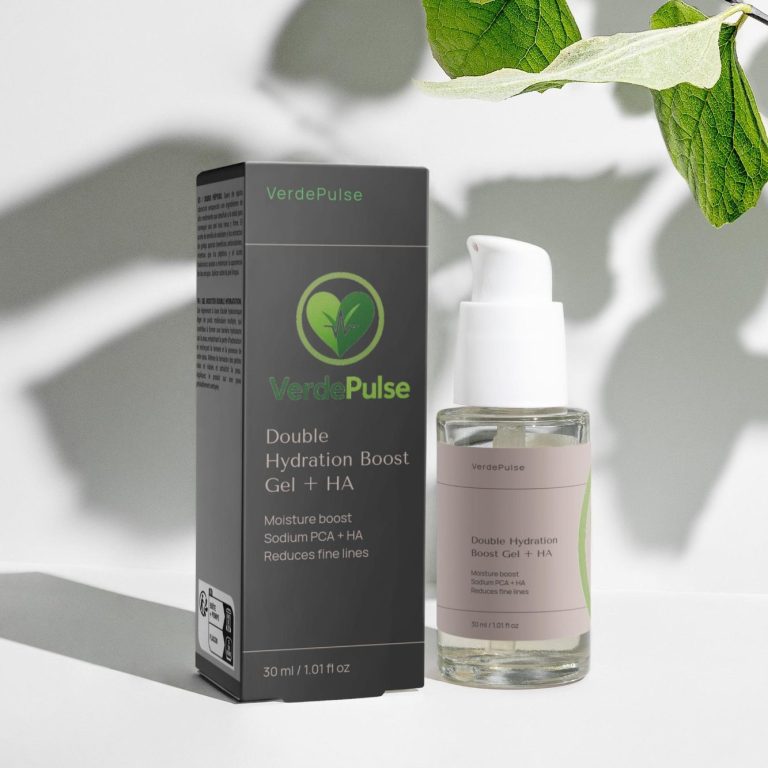 Hydrating serum bottle next to its stylish black box, with green leaf accents.