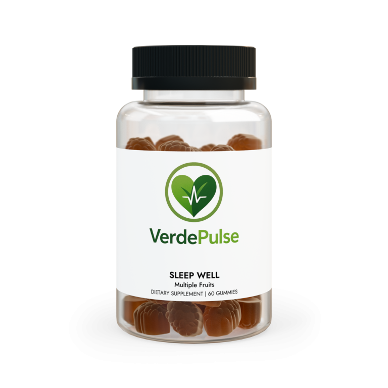 Bottle of VerdePulse Sleep Well gummies with a green logo and a white label.