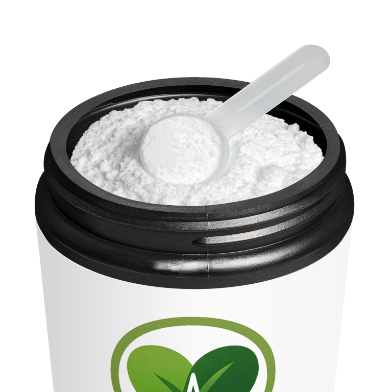 White powder in a container with a scoop, featuring a green logo.