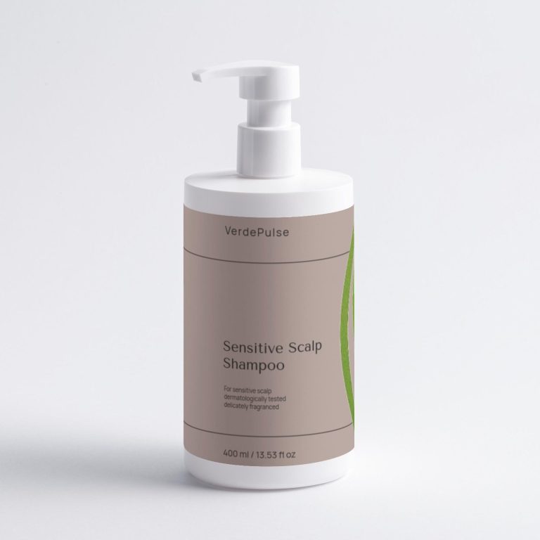 White bottle of scalp shampoo with a pump dispenser and a beige label.