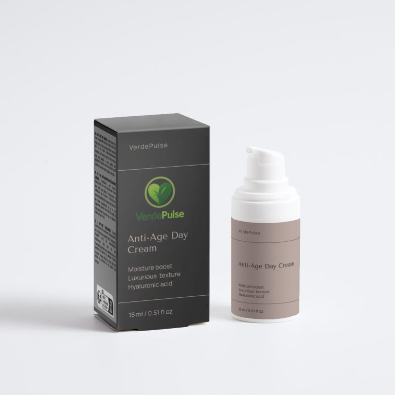 Bottle of anti-aging day cream next to its black packaged box.